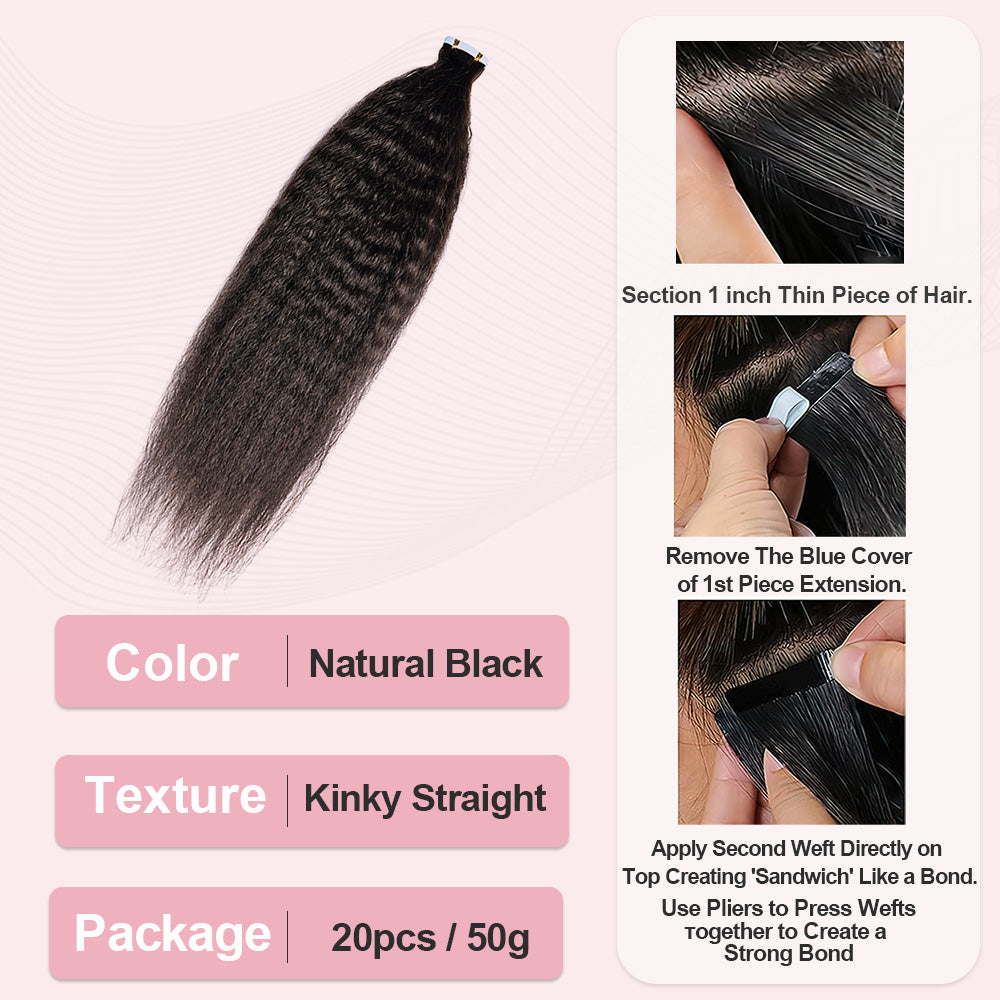 CVOHAIR Kinky Straight Tape in Hair Extensions Human Hair 20pcs 50g/pack Seamless Skin Weft Hair