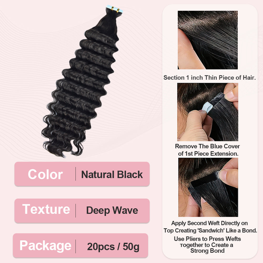CVOHAIR Deep Wave Tape in Hair Extensions Human Hair Natural Black Seamless Invisible Curly Tape on Extensions