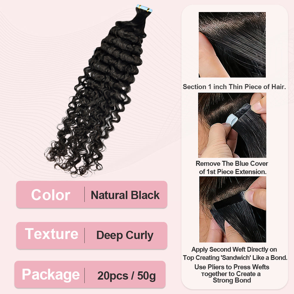 CVOHAIR Deep Curly Tape in Hair Extensions Human Hair 20pcs 50g/pack Seamless Skin Weft Hair