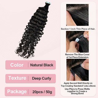 #1B Deep Curly Tape in Free Shipping Hair Extensions Human Hair 20pcs 50g/pack Seamless Skin Weft Hair CVOHAIR