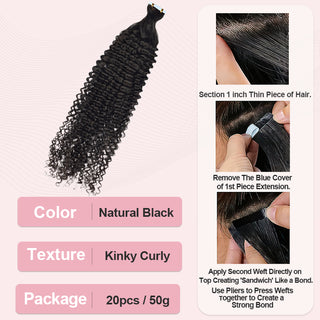 #1B Kinky Curly Tape in Hair Extensions Free Shipping Human Hair 20pcs 50g/pack Seamless Skin Weft Hair CVOHAIR