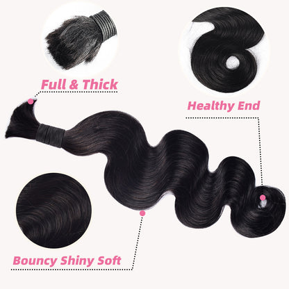 CVOHAIR 3 Pcs Body Wave Bulk Human Hair for Braiding No Weft Human Hair Extensions Natural Black 100g/Each Bundle