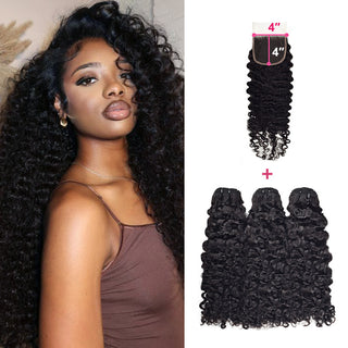 #1B Burmese Curly  3 Bundles with HD lace Closure Deal 100% Human Hair CVOHAIR